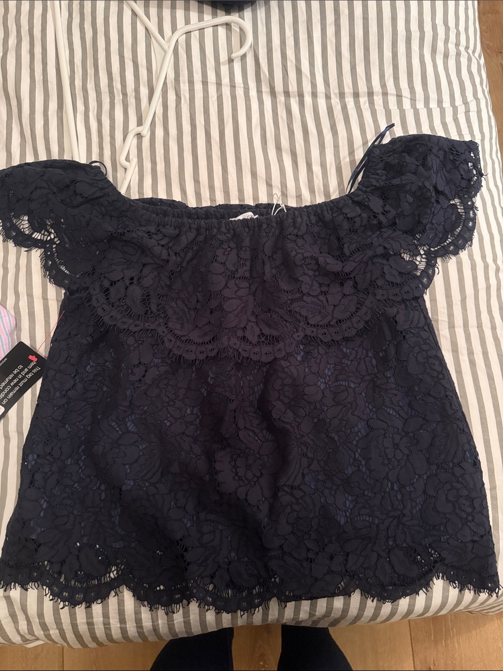 Lace Off-Shoulder Crop Top in Navy